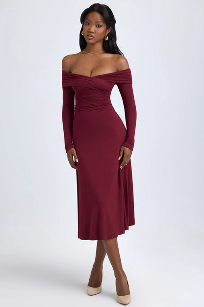 Modal Off-Shoulder Ruched Midaxi Dress in Wine Red