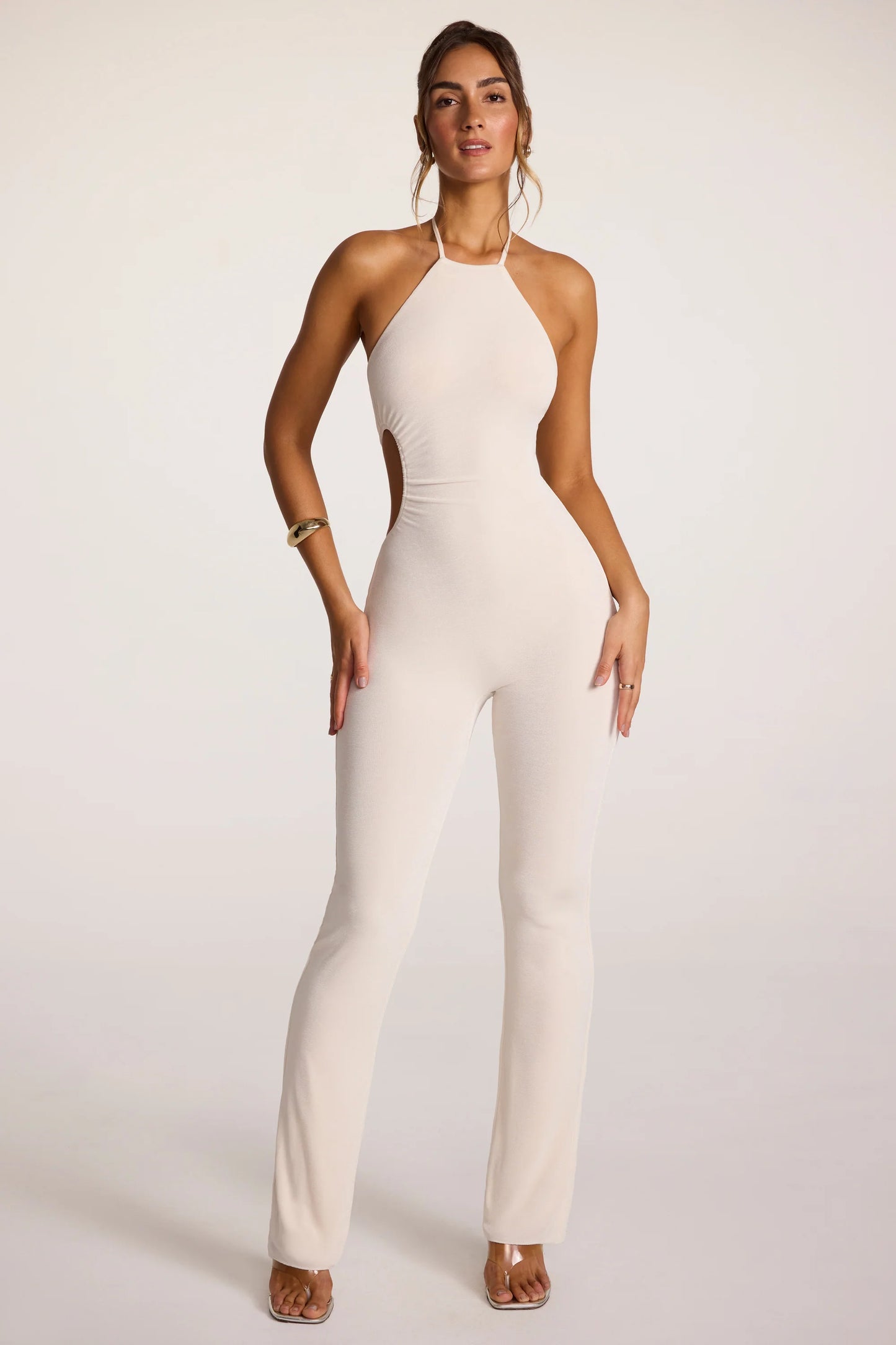 Petite Textured Jersey Halter Neck Ruched Cut Out Jumpsuit in Ivory