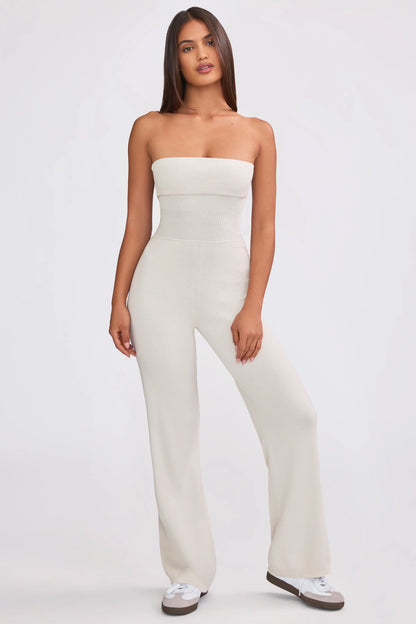 Bandeau Kick Flare Chunky Knit Jumpsuit in Cream