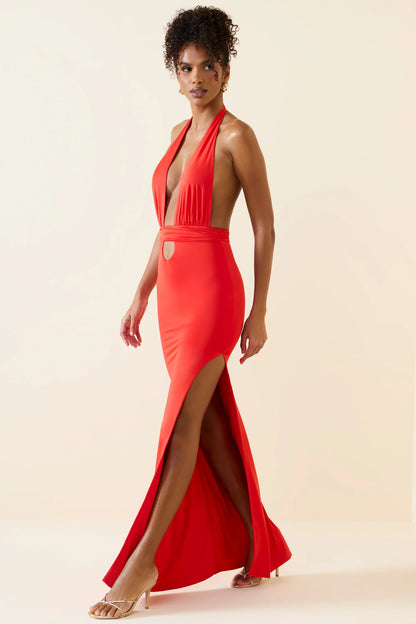 Halterneck Cut-Out Maxi Dress in Scarlet