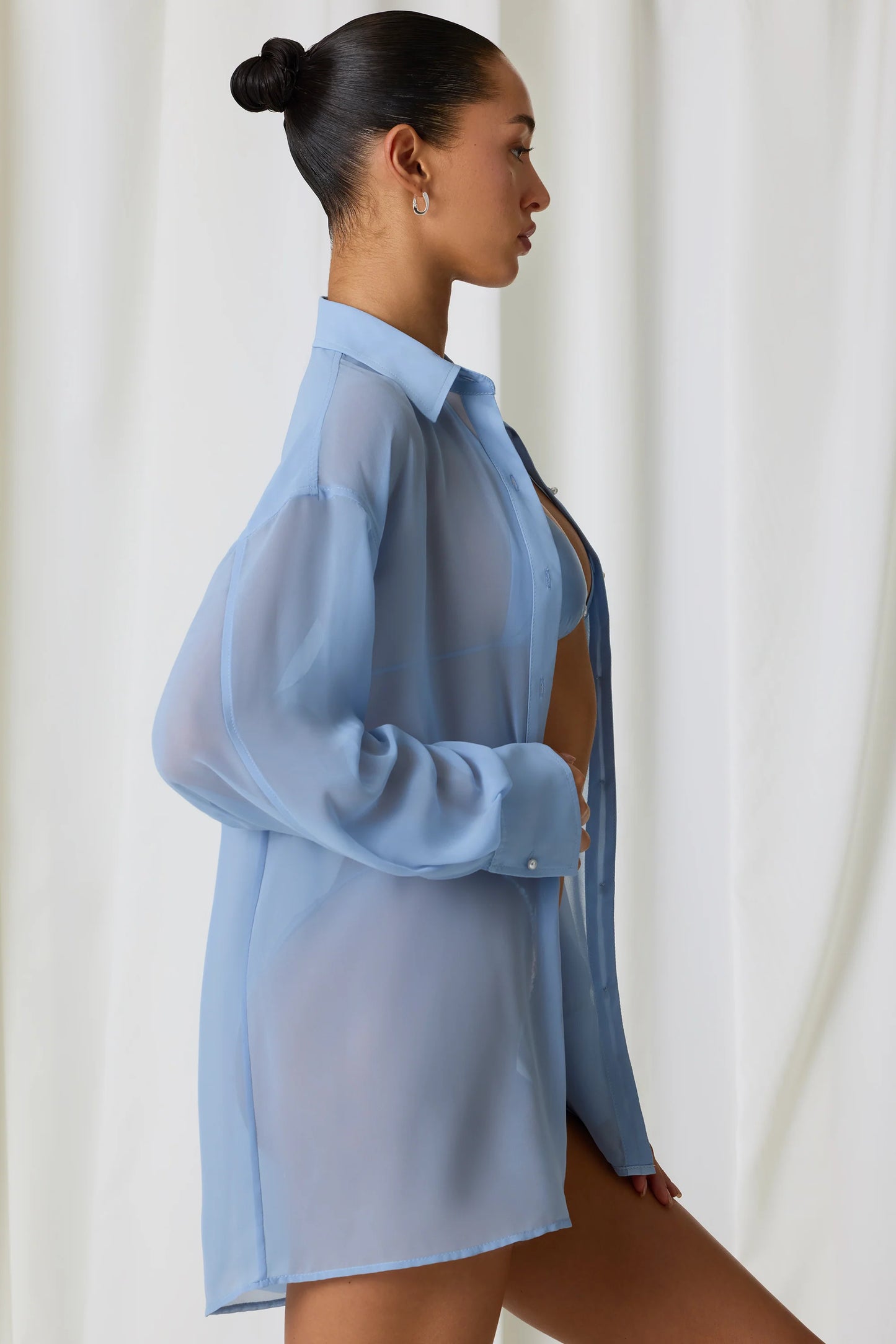 Pearl-Detail Oversized Shirt in Sky Blue