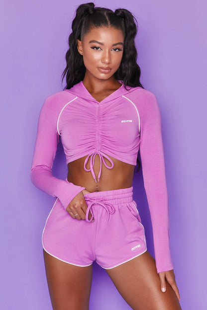 New Goals Cropped Ruched Hoodie in Purple