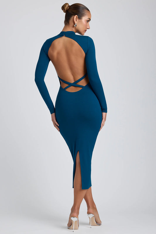 Modal Cross-Back Midaxi Dress in Deep Teal