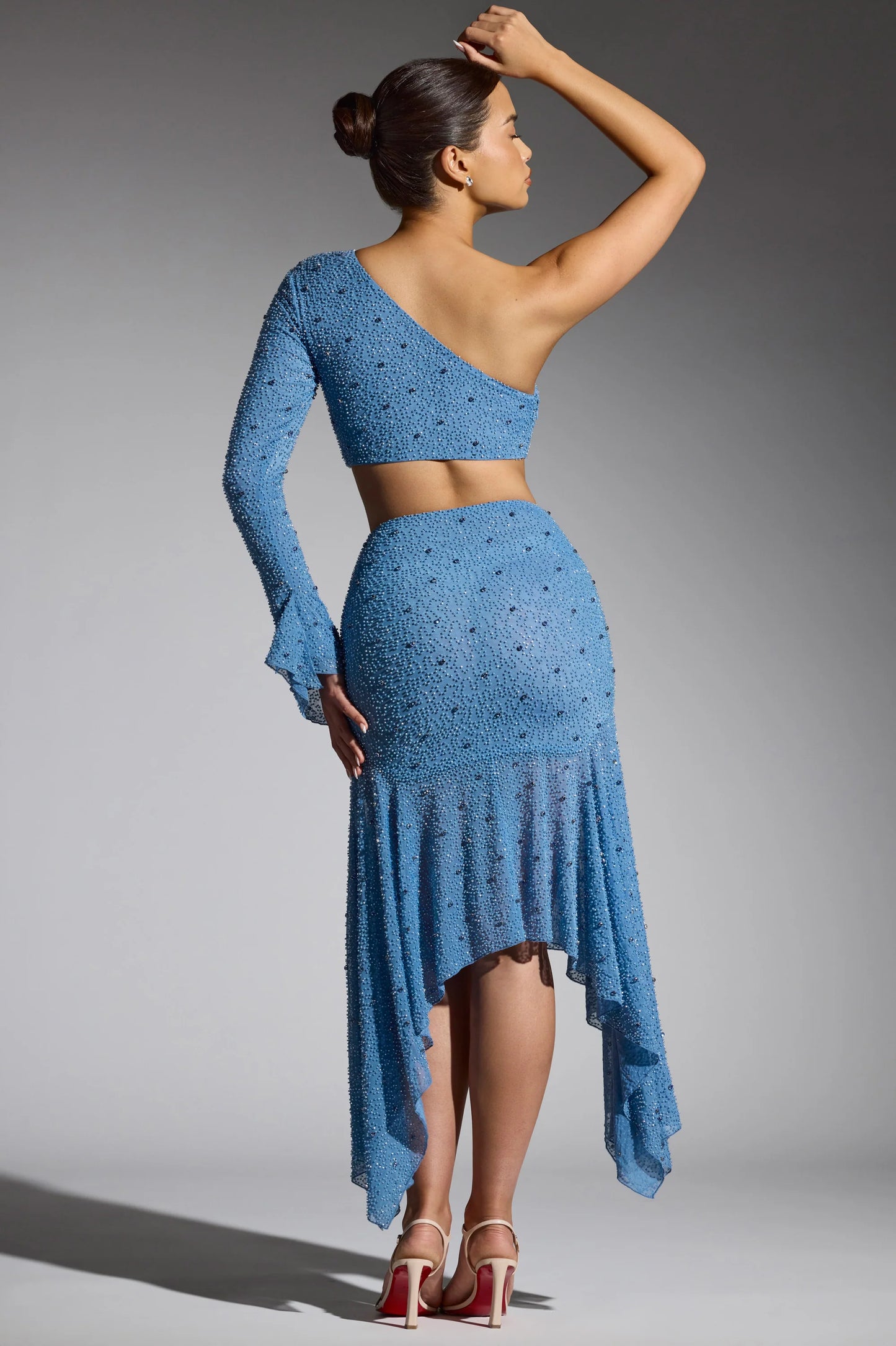 Embellished Handkerchief Hem Gown Skirt in Smokey Blue