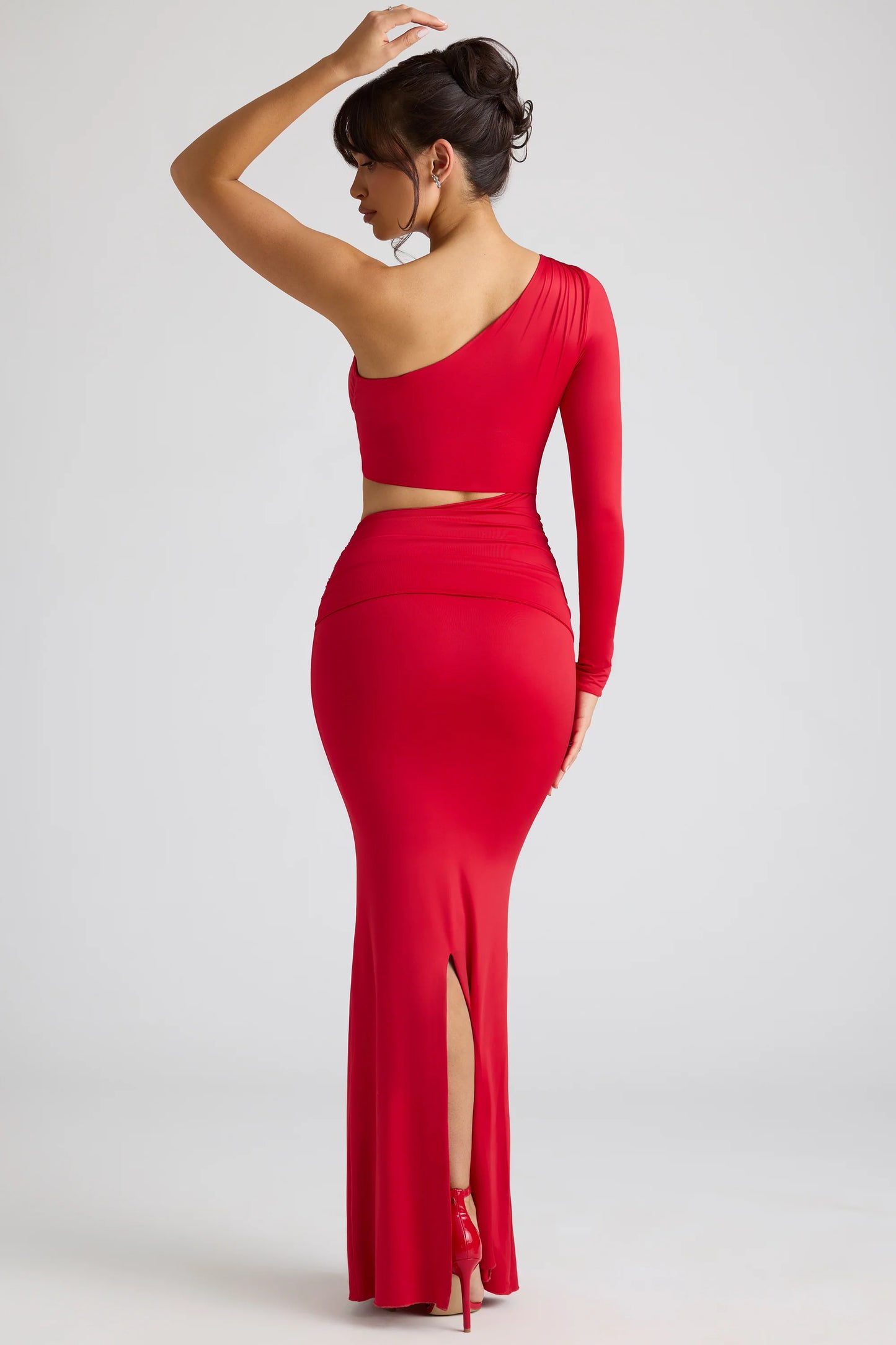 Single Sleeve Cut Out Evening Gown in Fire Red