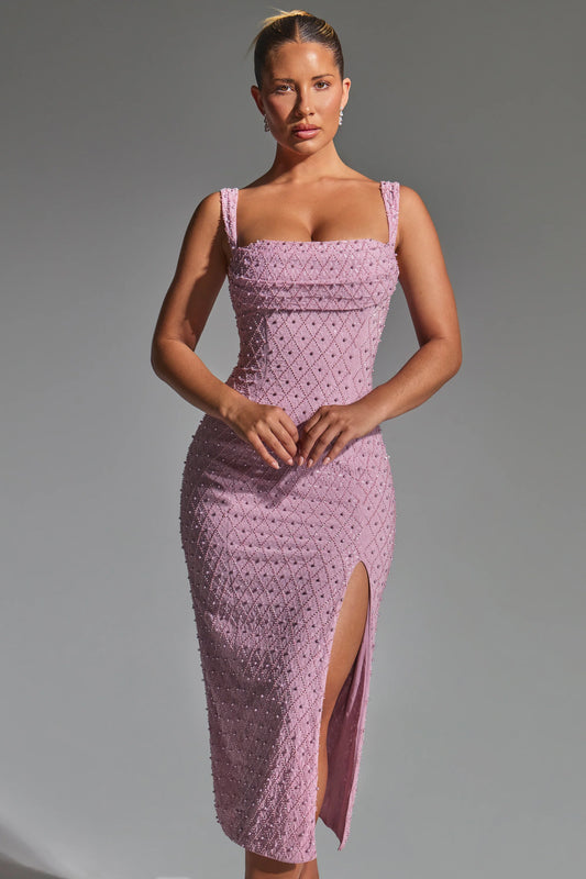 Embellished Cowl-Neck Midaxi Dress in Mauve