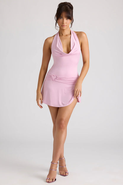 Heart Detail Cowl Neck Mini Dress in Soft Pink