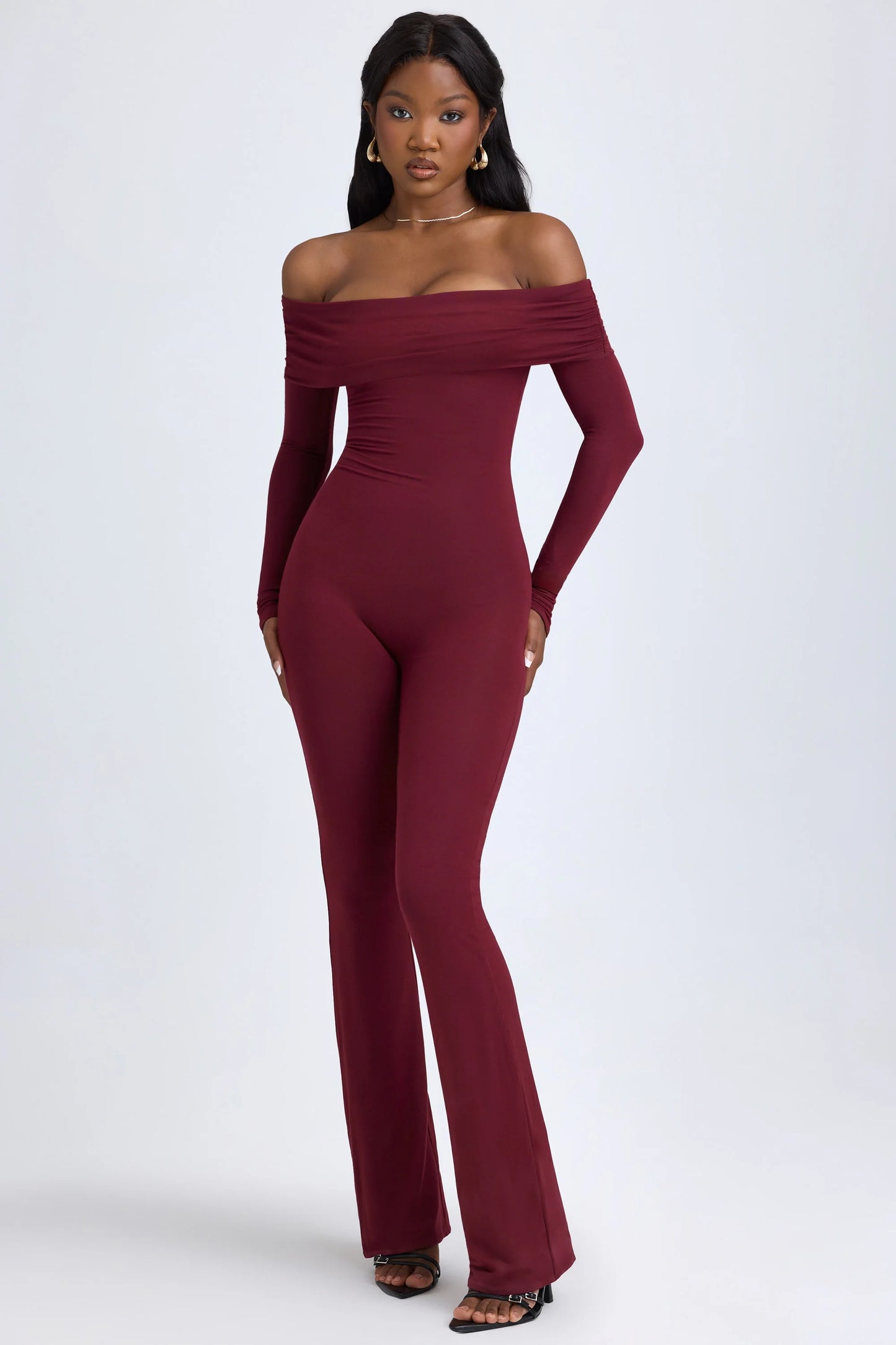 Petite Modal Off-Shoulder Ruched Jumpsuit in Wine Red