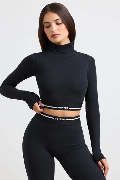 Turtleneck Backless Long-Sleeve Crop Top in Black