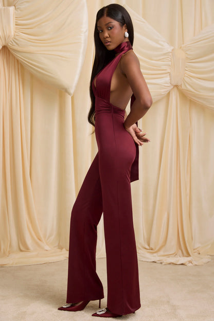 Scarf-Detail Halterneck Jumpsuit in Wine Red