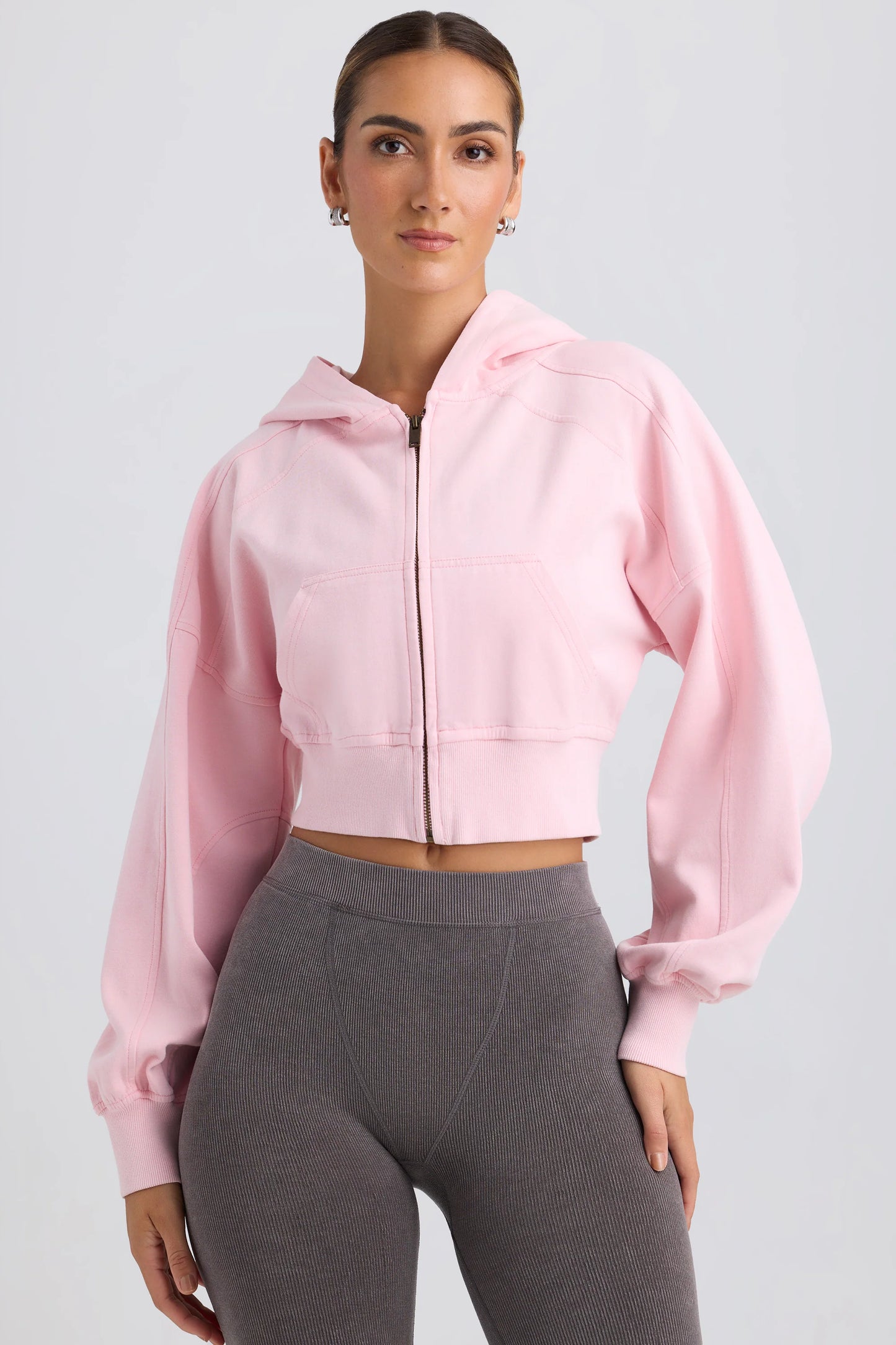 Zip-Up Cropped Hoodie in Washed Ice Pink