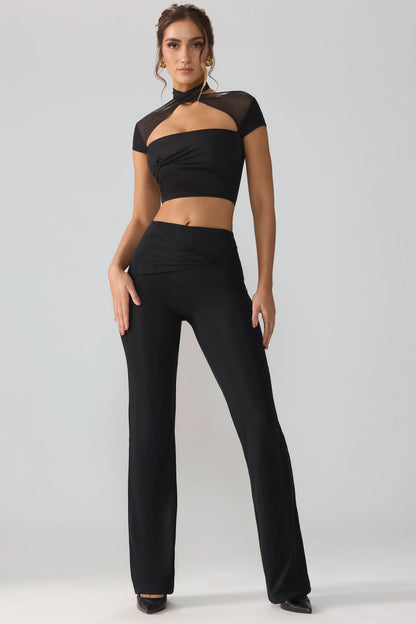 Mesh Mid Rise Twist Overlay Flare Trousers in Black