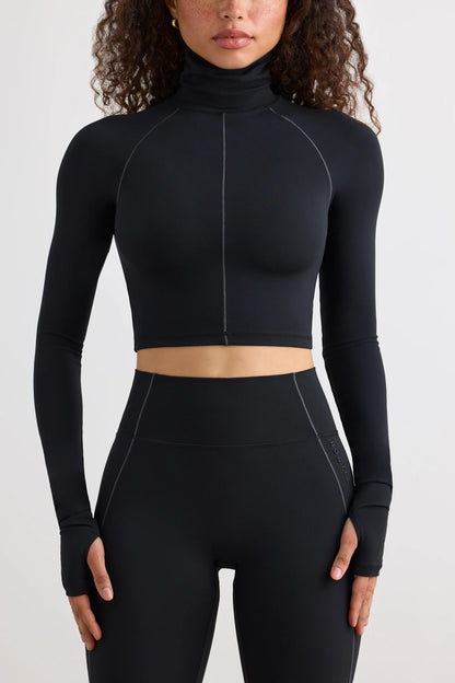 Soft Active Turtleneck Crop Top in Black