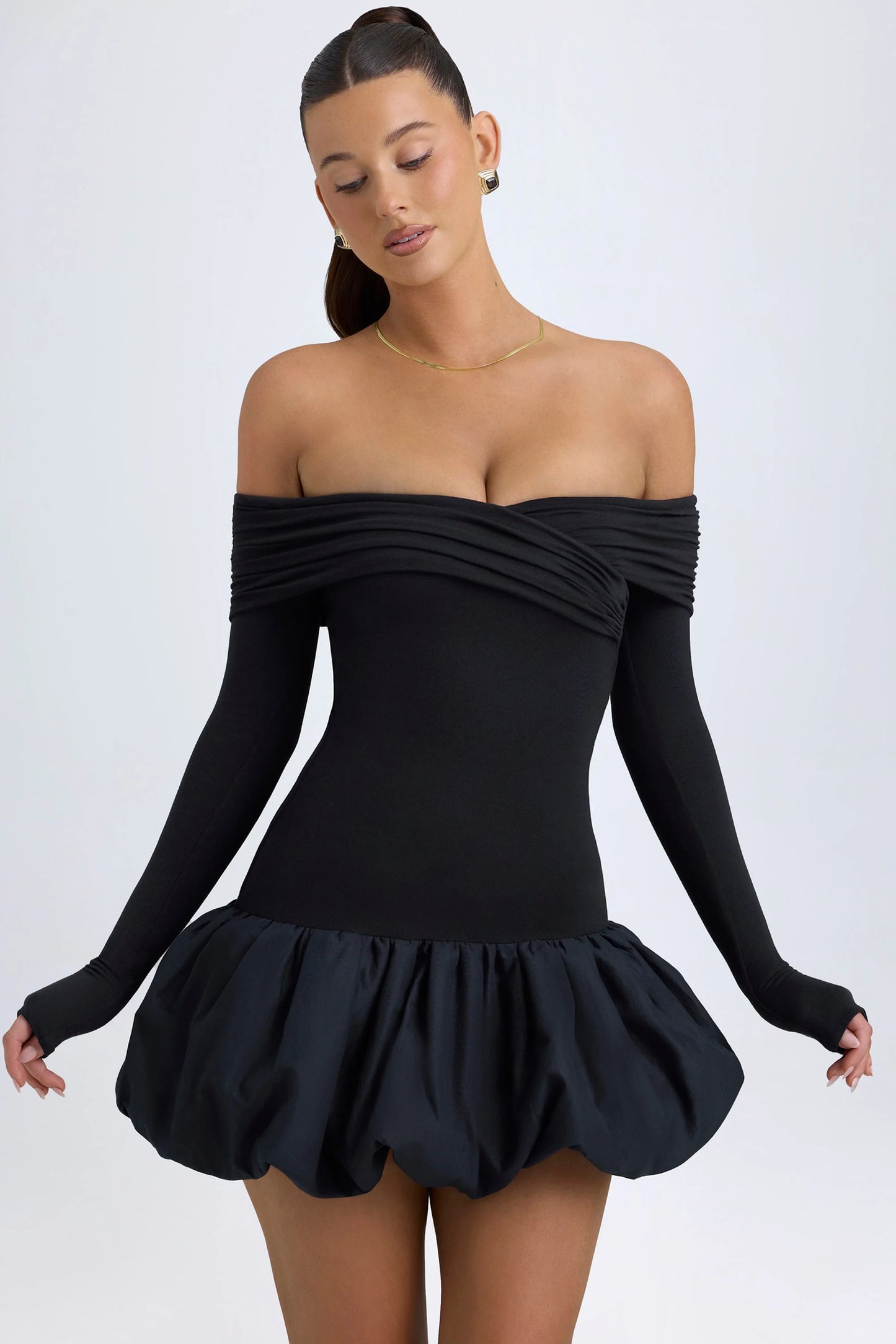 Modal Off-Shoulder Bubble Hem Mini Dress in Black