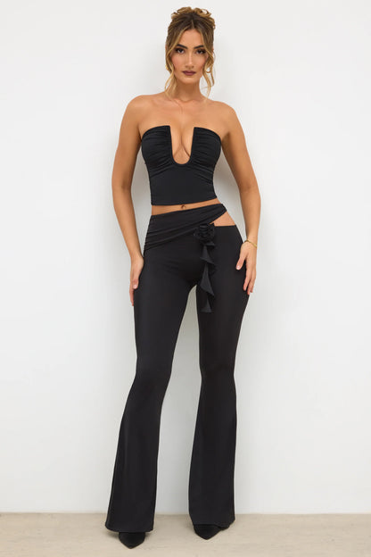 Petite Premium Jersey Rose Detail Mid-Rise Flare Trousers in Black