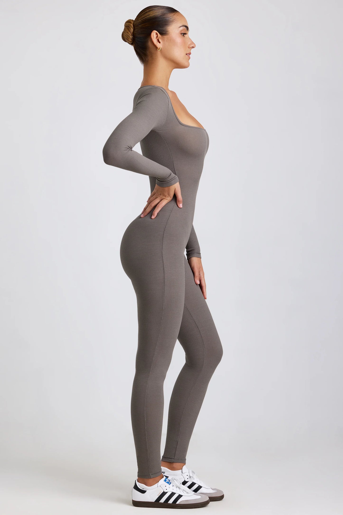 Tall Ribbed Modal Long Sleeve Jumpsuit in Grey