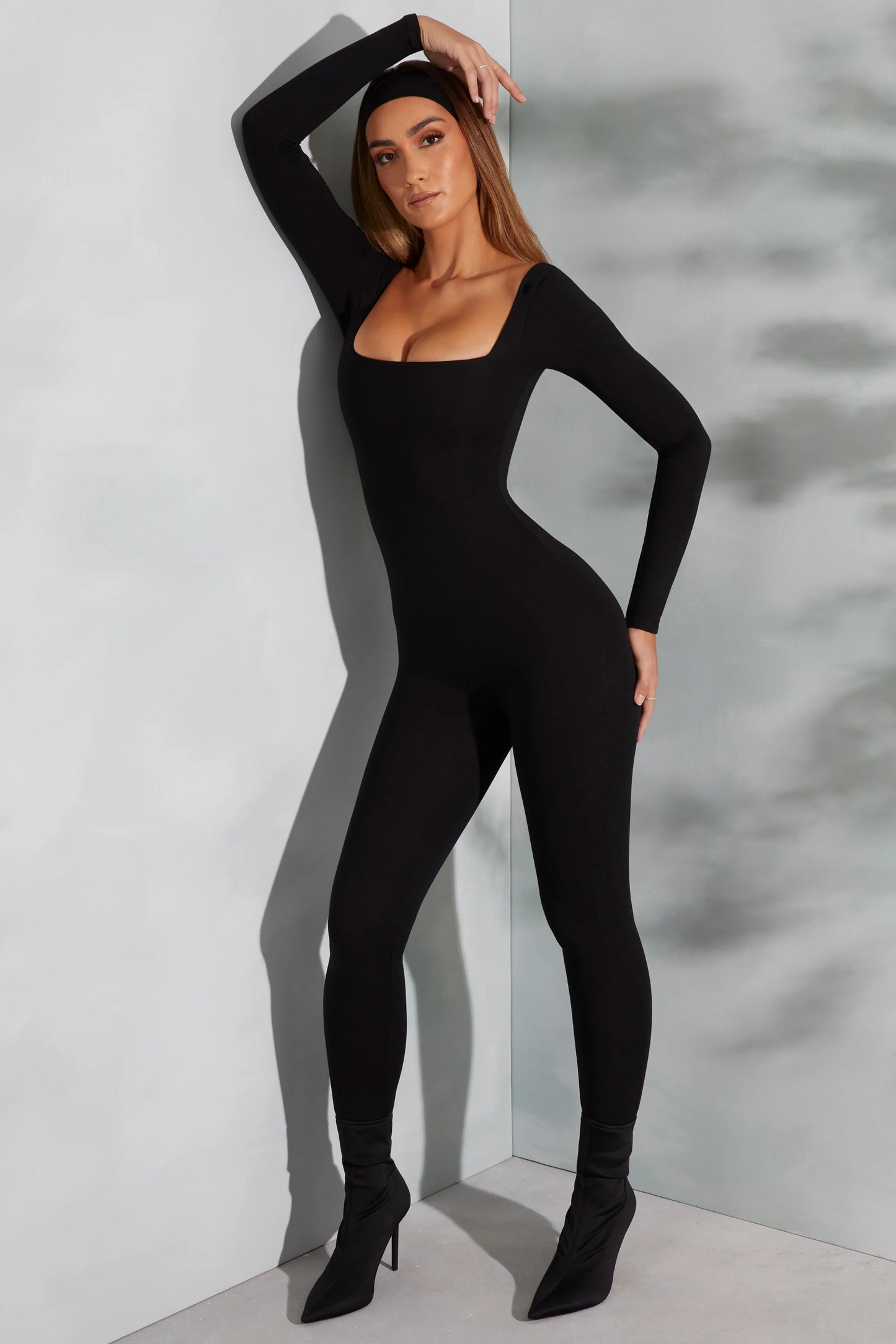 Square Neck Long Sleeve Jumpsuit in Black