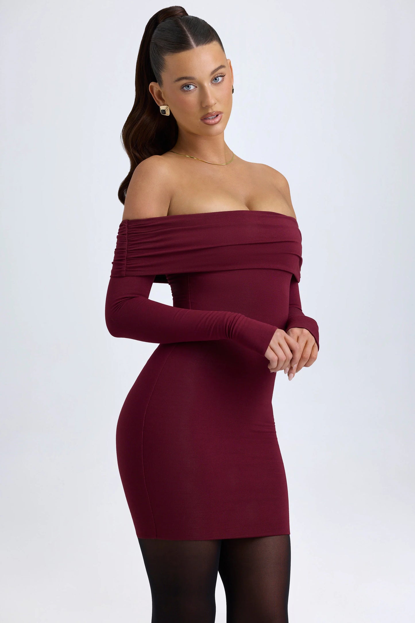 Modal Off-Shoulder Mini Dress in Wine Red