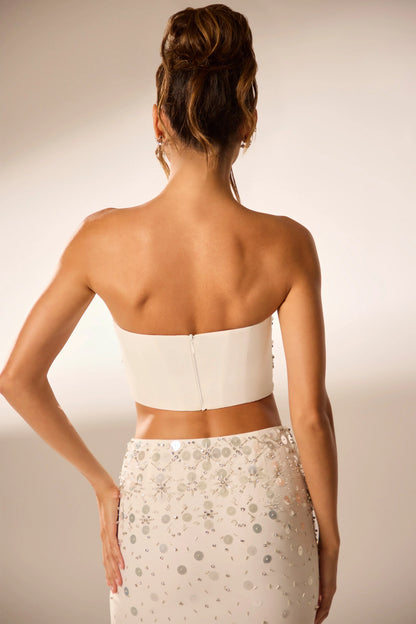 Hand Embellished Bandeau Corset Crop Top in Ivory