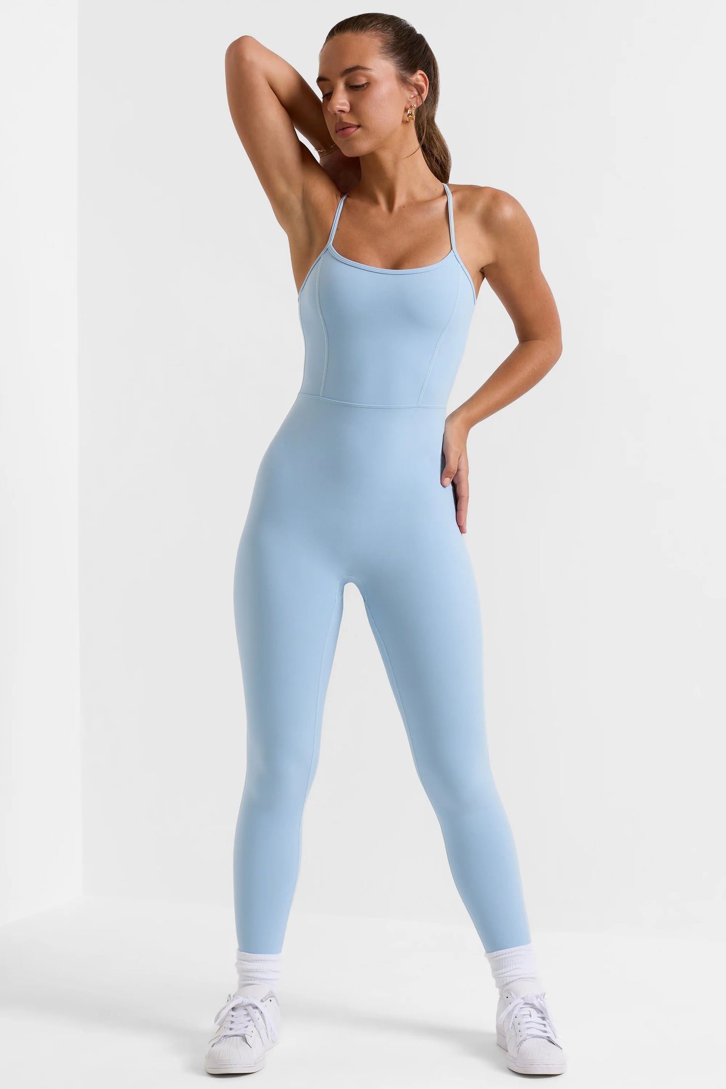 Petite Open Back Full Length Unitard in Ice Blue