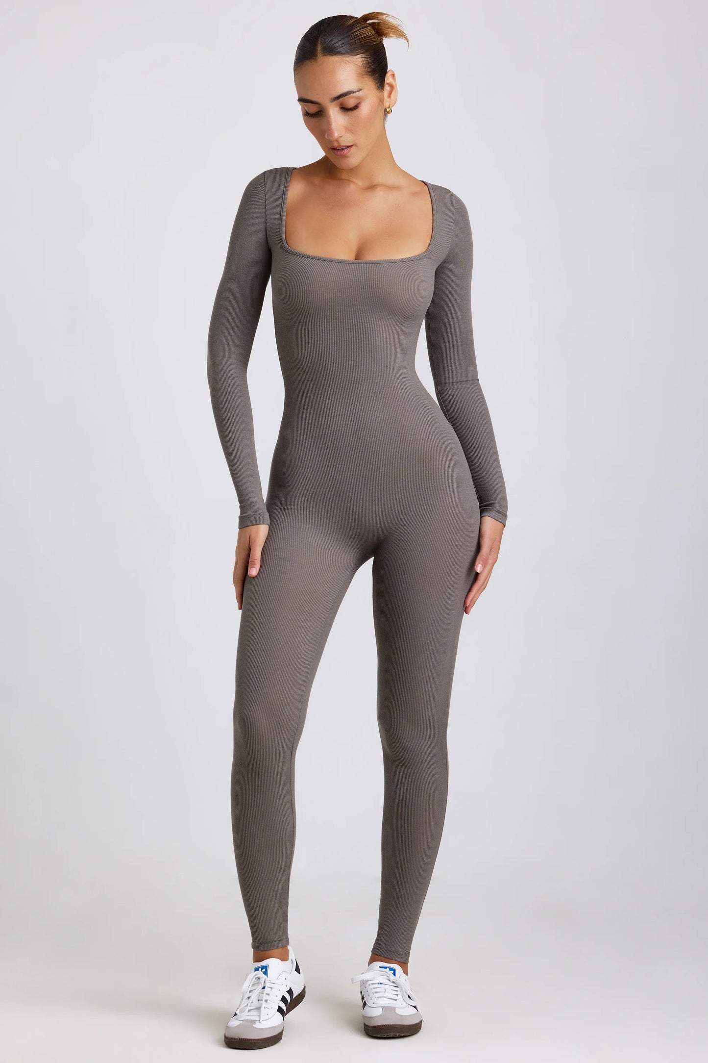 Petite Ribbed Modal Long Sleeve Jumpsuit in Grey