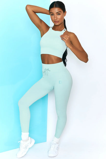 Energise Ribbed Tie Front Full Length Leggings in Light Blue