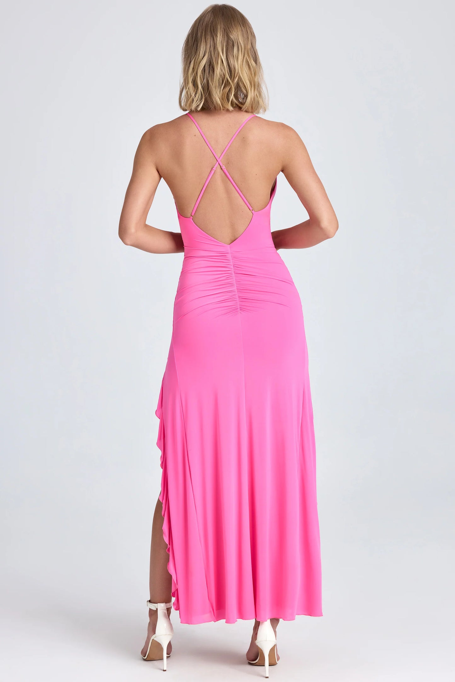 Ruched Ruffle-Trim Maxi Dress in Lollipop Pink