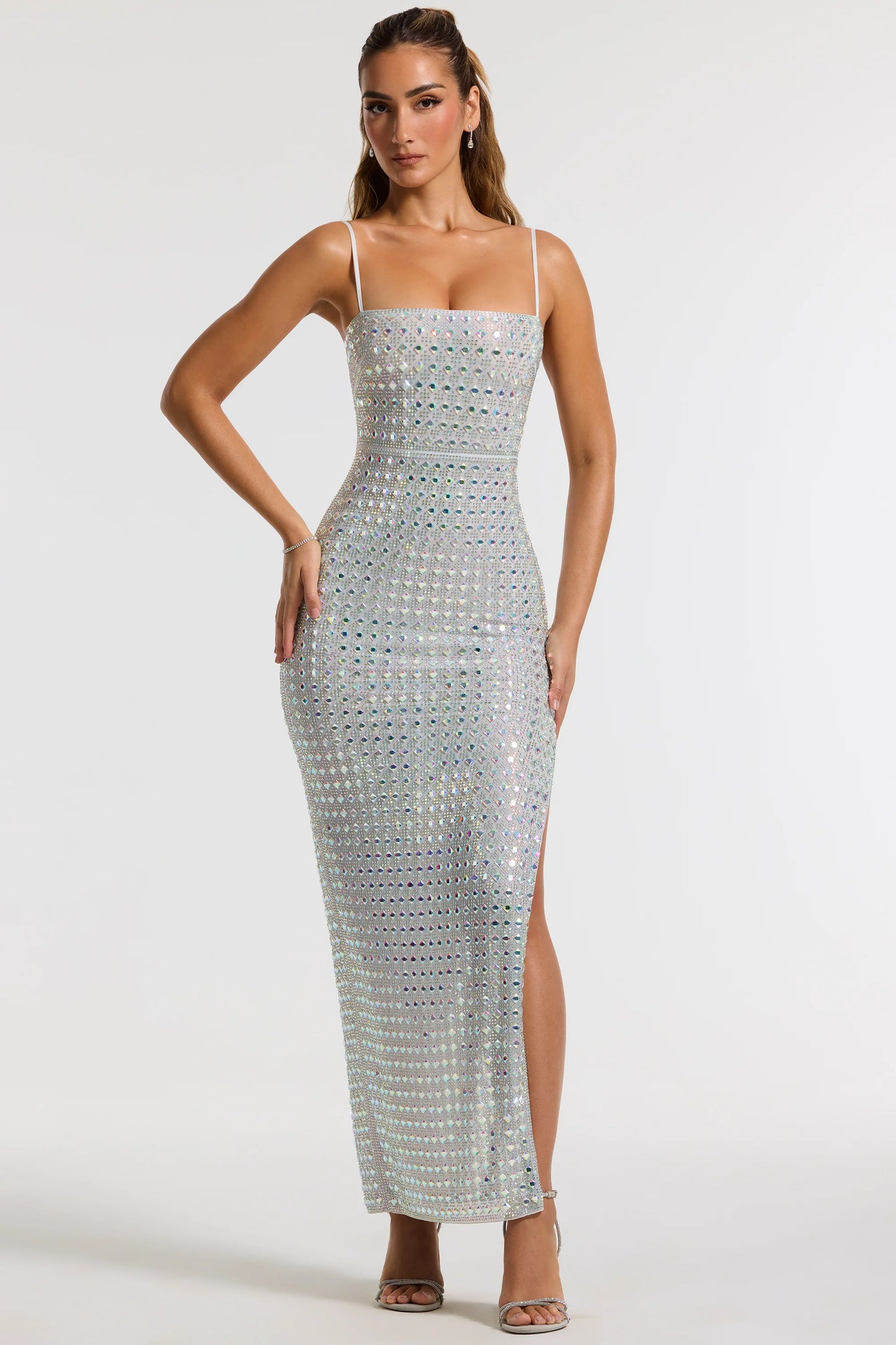 Embellished Square Neck Evening Gown in Silver