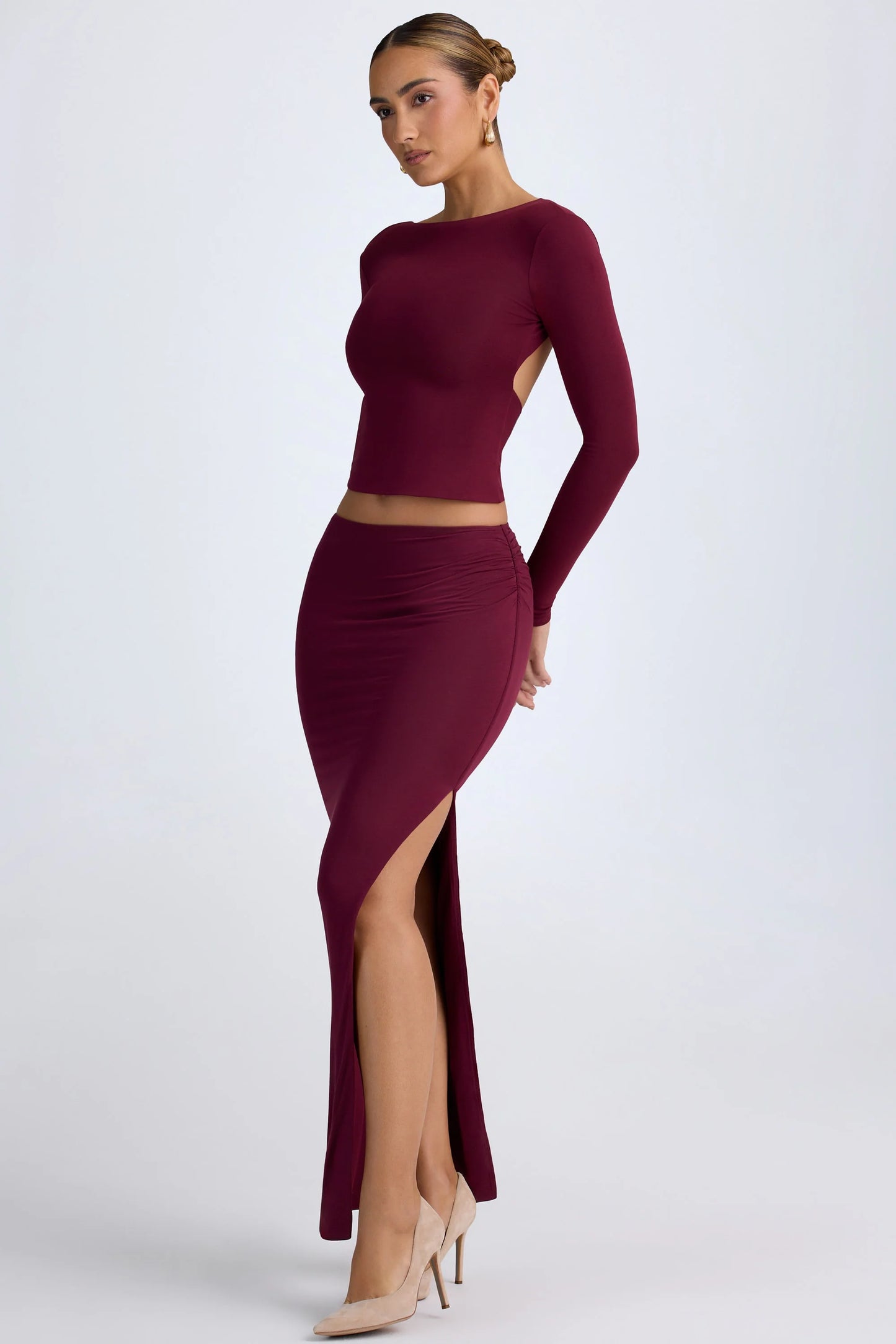 Modal Low-Rise Maxi Skirt in Wine Red