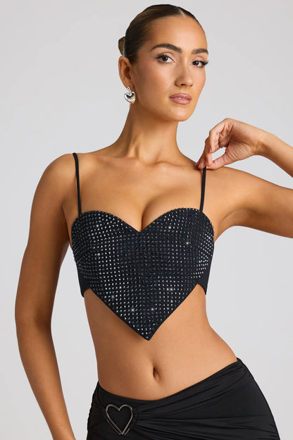 Embellished Heart Detail Crop Top in Black