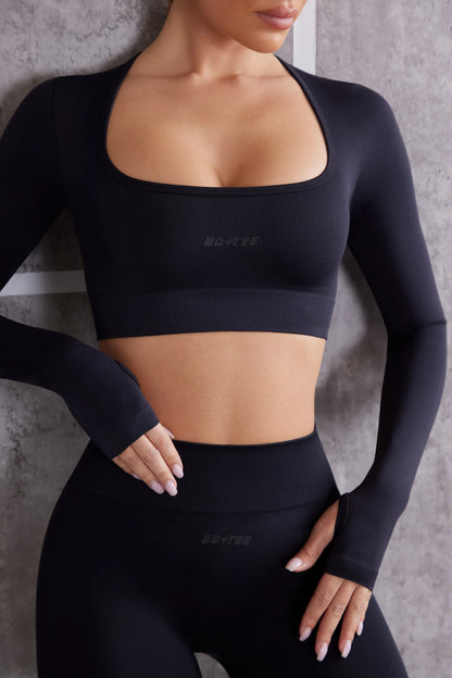 Long Sleeve Crop Top in Jet Black