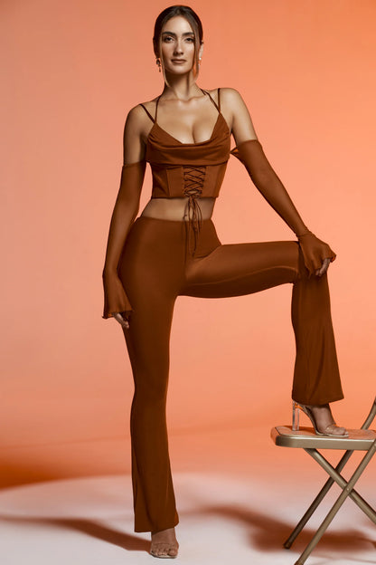 Petite Split Flare Trousers in Brown