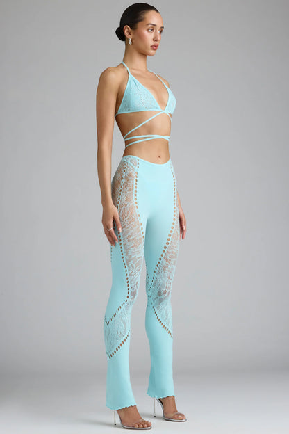 Tall Embellished Mid-Rise Flared Trousers in Ice Blue