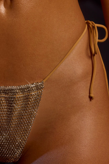 Drawstring Thong Bikini Bottoms in Gold