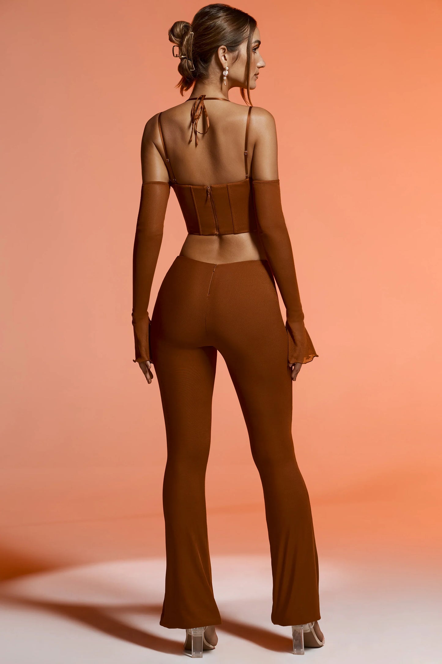 Petite Split Flare Trousers in Brown