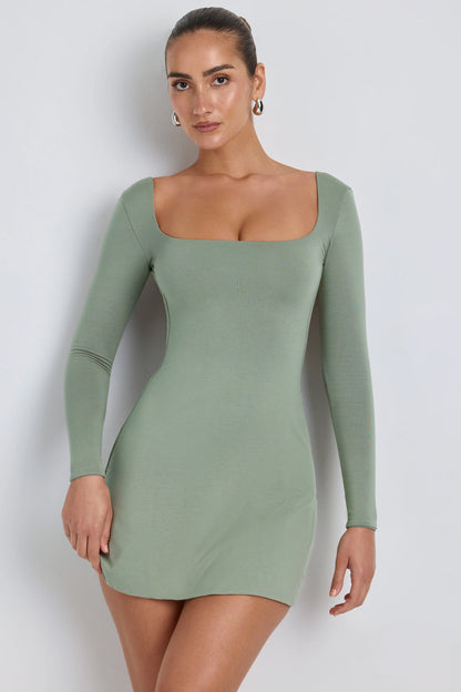 Modal Square Neck Long Sleeve Mini Dress in Sage Green