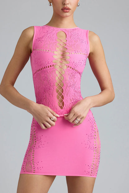 Embellished Lace-Up High-Neck Top in Bubblegum Pink