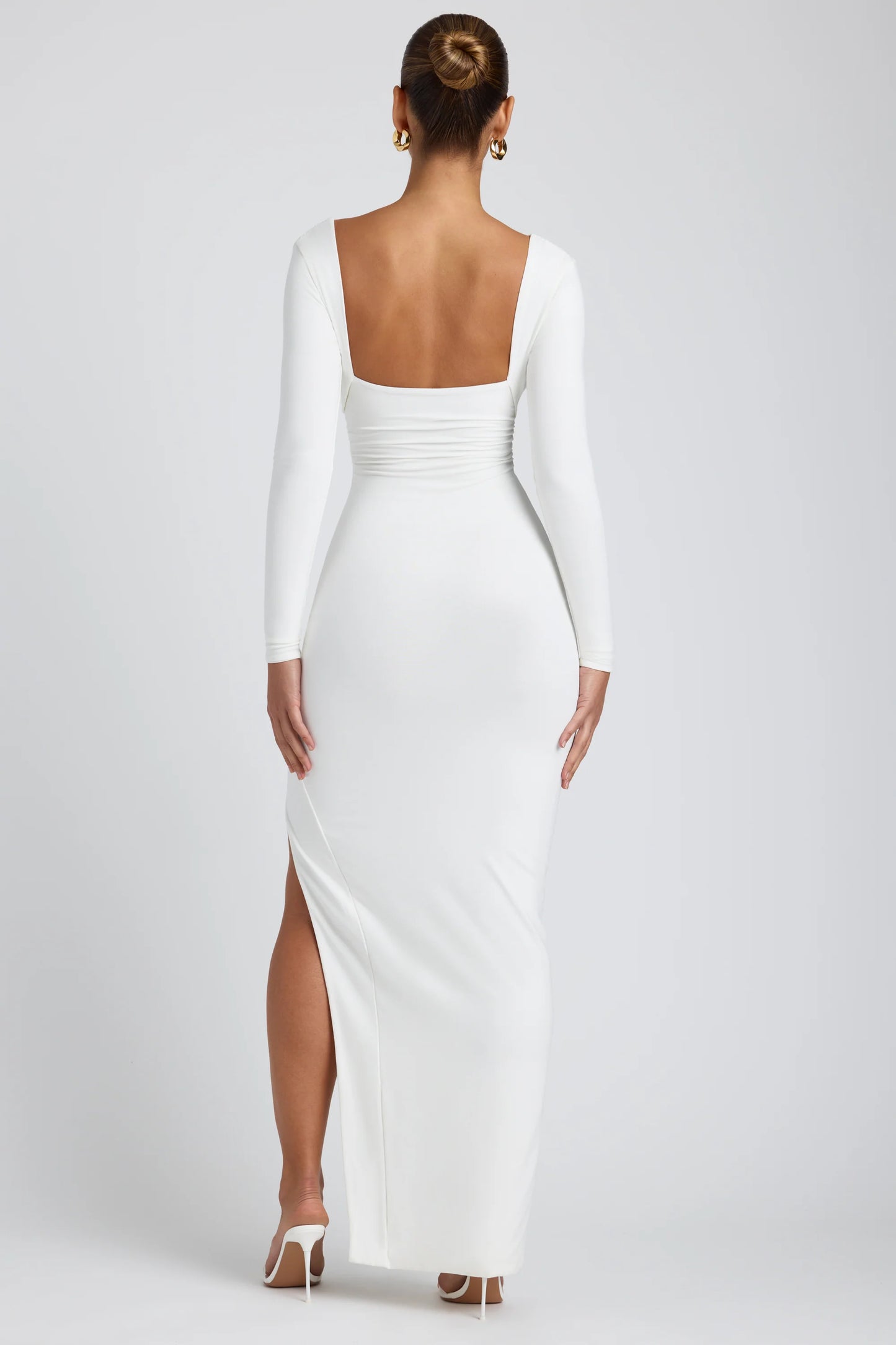 Modal Plunge Neck Long Sleeve Maxi Dress in White