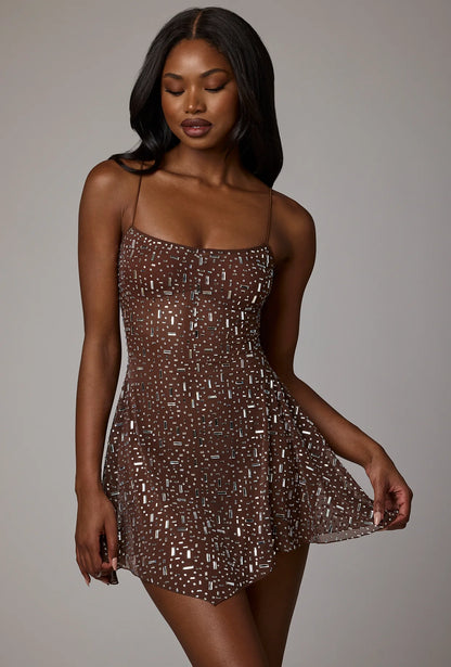 Sheer Embellished Scoop Neck Mini Dress in Deep Cocoa