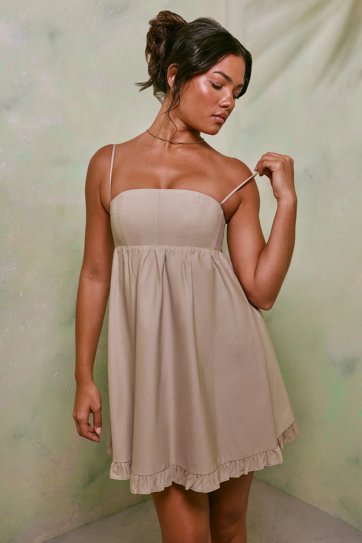 Empire Waist Cotton A-Line Mini Dress in Sand