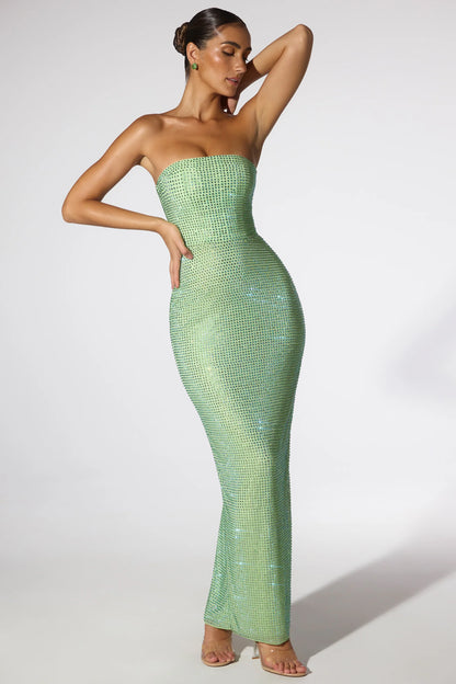 Embellished Strapless Evening Gown in Sage Green