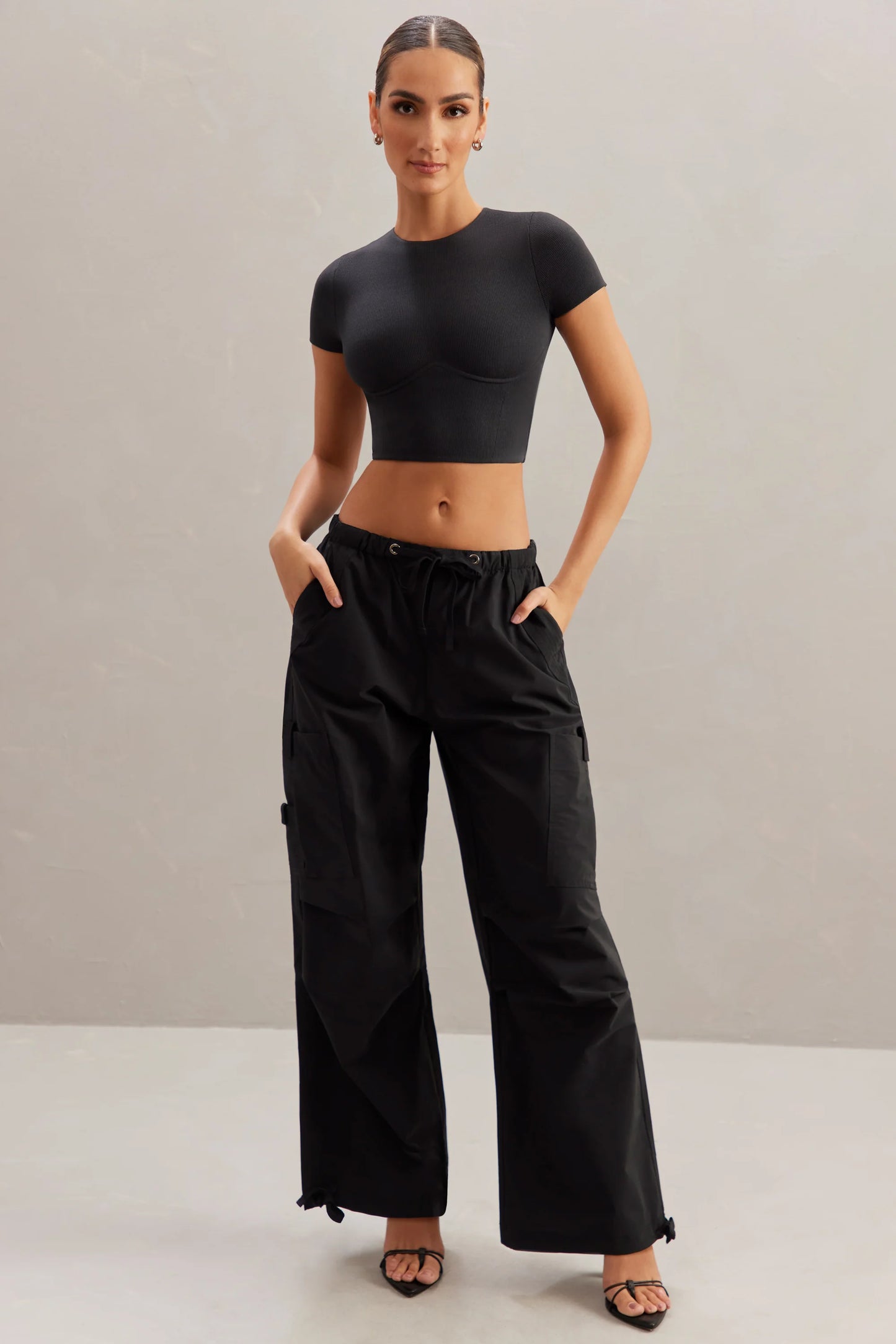 Wide Leg Cargo Trousers in Black