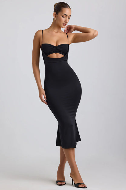 Slinky Jersey Ruched Cut-Out Midaxi Dress in Black