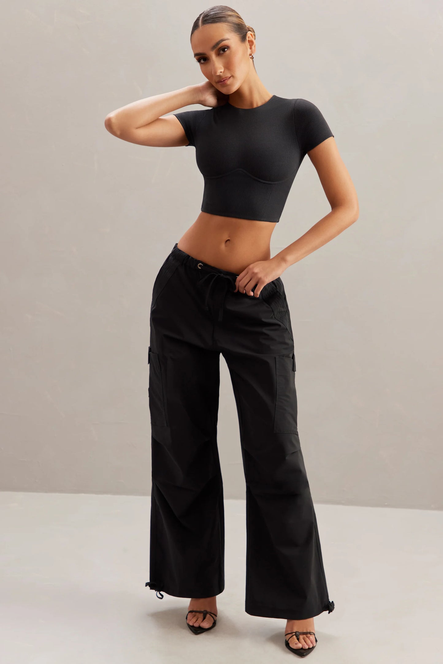 Wide Leg Cargo Trousers in Black