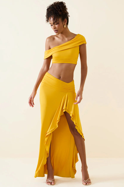 Asymmetric Ruffled Low-Rise Maxi Skirt in Golden Yellow