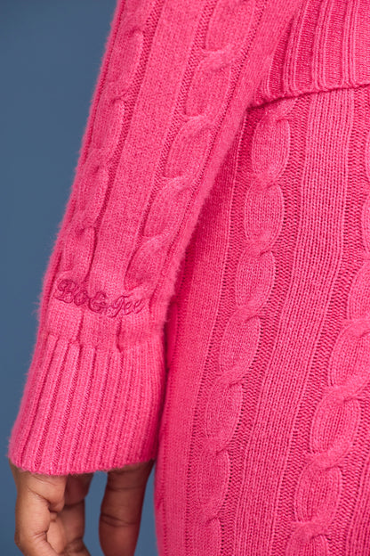 Cable-Knit Zip-Up Hoodie in Hot Pink