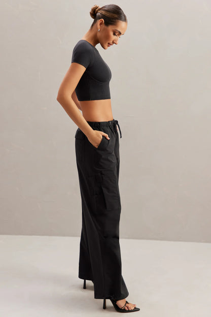 Wide Leg Cargo Trousers in Black