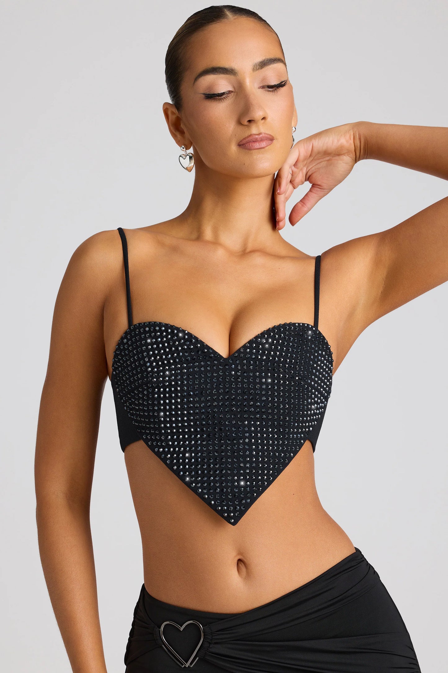 Embellished Heart Detail Crop Top in Black