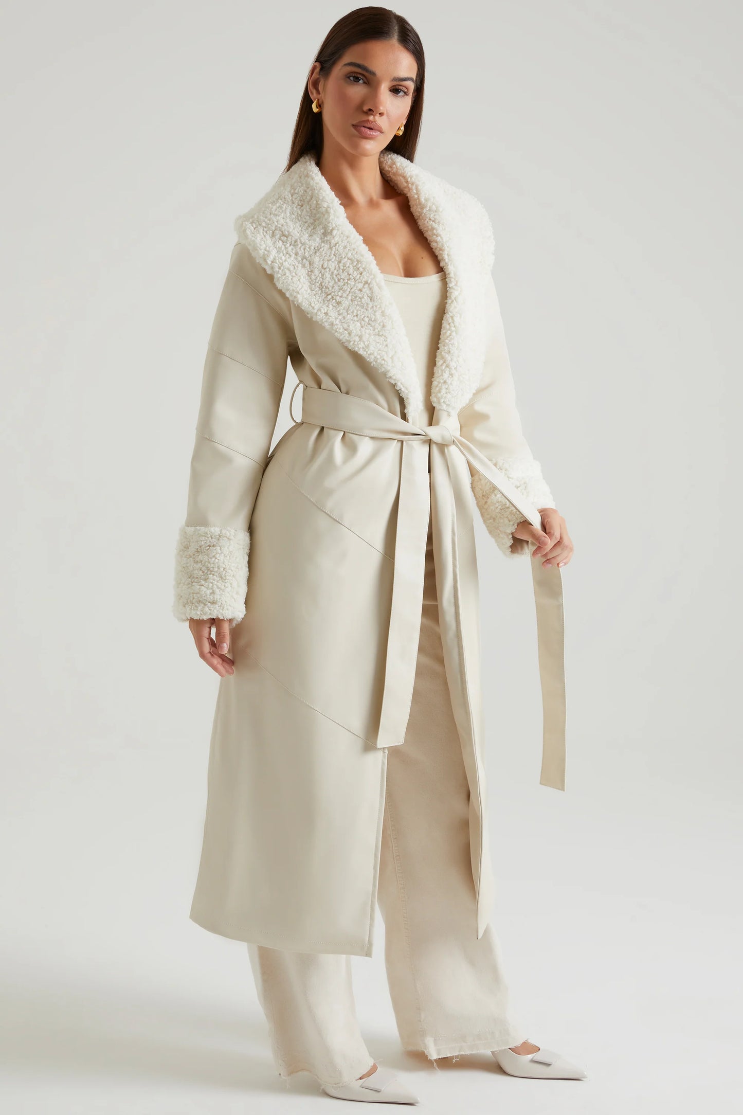 Tie Up Coat with Shearling Collar and Cuffs in Cream