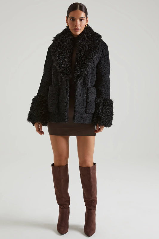 Shearling Coat with Large Front Pockets in Black